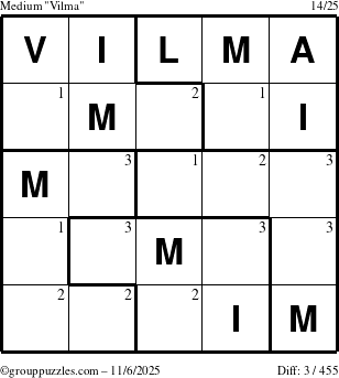 The grouppuzzles.com Medium Vilma puzzle for Thursday November 6, 2025 with the first 3 steps marked