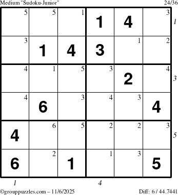 The grouppuzzles.com Medium Sudoku-Junior puzzle for Thursday November 6, 2025, suitable for printing, with all 6 steps marked