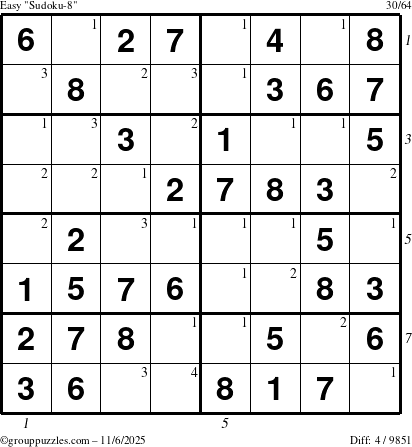 The grouppuzzles.com Easy Sudoku-8 puzzle for Thursday November 6, 2025 with all 4 steps marked