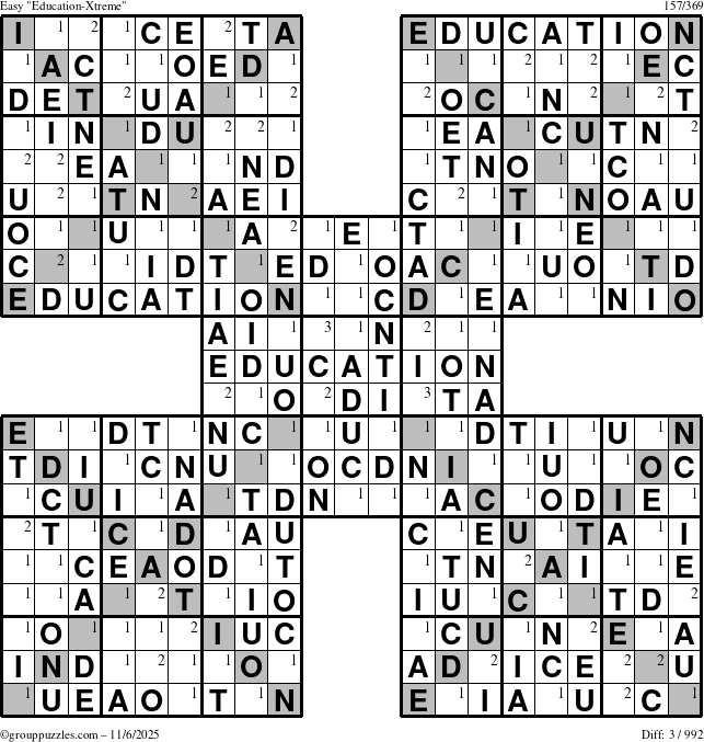 The grouppuzzles.com Easy Education-Xtreme puzzle for Thursday November 6, 2025 with the first 3 steps marked