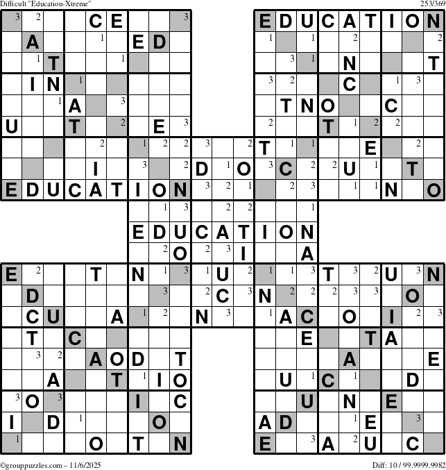 The grouppuzzles.com Difficult Education-Xtreme puzzle for Thursday November 6, 2025 with the first 3 steps marked