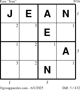 The grouppuzzles.com Easy Jean puzzle for Sunday June 1, 2025, suitable for printing, with all 3 steps marked