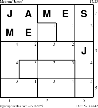 The grouppuzzles.com Medium James puzzle for Sunday June 1, 2025 with all 5 steps marked