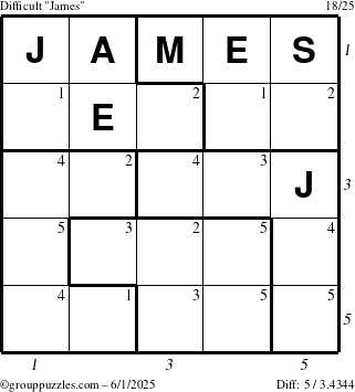 The grouppuzzles.com Difficult James puzzle for Sunday June 1, 2025, suitable for printing, with all 5 steps marked
