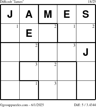The grouppuzzles.com Difficult James puzzle for Sunday June 1, 2025 with the first 3 steps marked