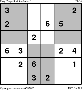 The grouppuzzles.com Easy SuperSudoku-Junior puzzle for Sunday June 1, 2025