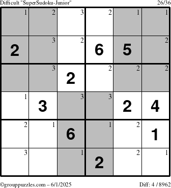 The grouppuzzles.com Difficult SuperSudoku-Junior puzzle for Sunday June 1, 2025 with the first 3 steps marked