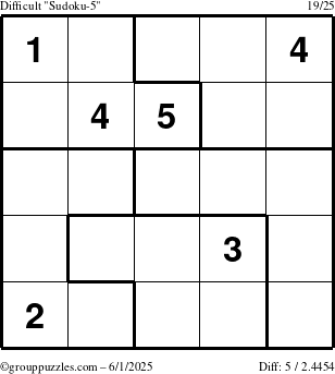 The grouppuzzles.com Difficult Sudoku-5 puzzle for Sunday June 1, 2025