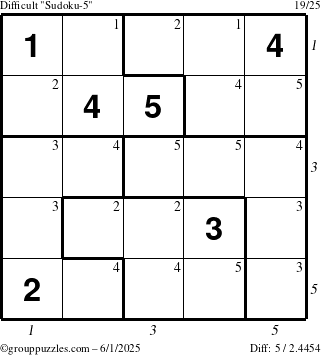 The grouppuzzles.com Difficult Sudoku-5 puzzle for Sunday June 1, 2025 with all 5 steps marked