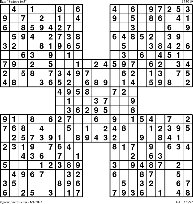 The grouppuzzles.com Easy Sudoku-by5 puzzle for Sunday June 1, 2025