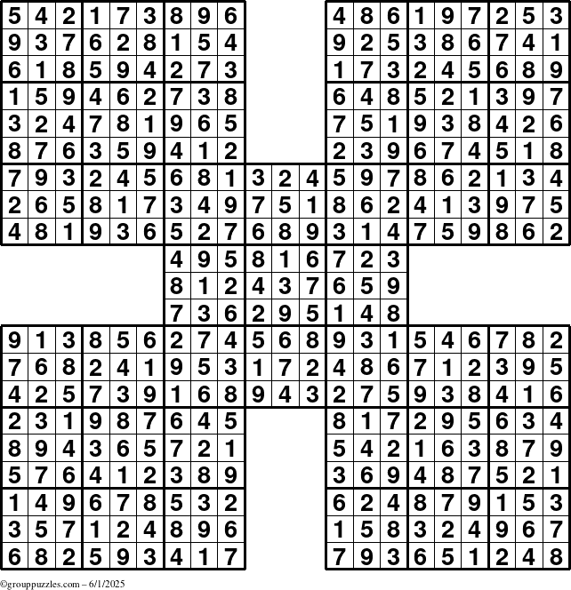 The grouppuzzles.com Answer grid for the Sudoku-by5 puzzle for Sunday June 1, 2025
