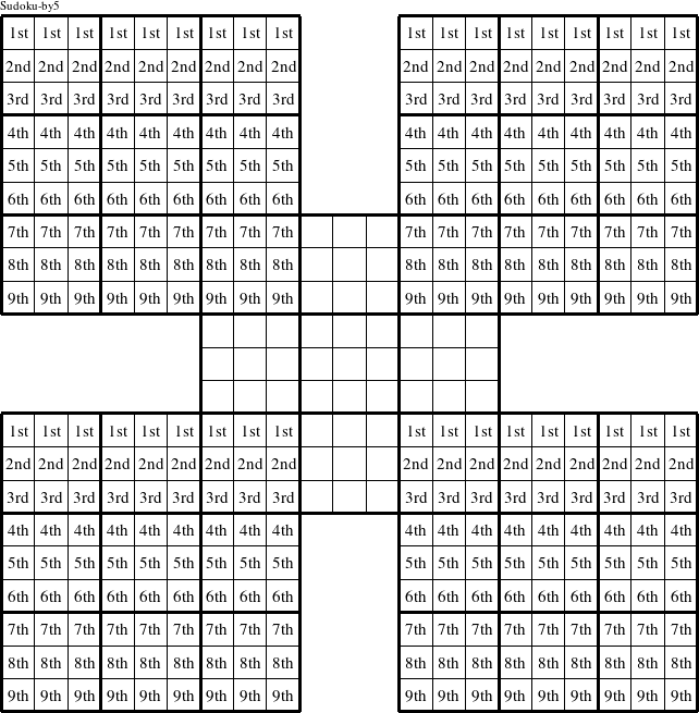 Each row in the upper left, upper right, lower left, and lower right puzzles is a group numbered as shown in this Sudoku-by5 figure.