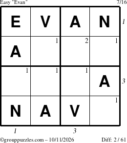 The grouppuzzles.com Easy Evan puzzle for Sunday October 11, 2026, suitable for printing, with all 2 steps marked