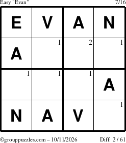 The grouppuzzles.com Easy Evan puzzle for Sunday October 11, 2026 with the first 2 steps marked