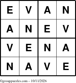 The grouppuzzles.com Answer grid for the Evan puzzle for Sunday October 11, 2026