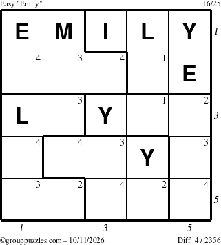 The grouppuzzles.com Easy Emily puzzle for Sunday October 11, 2026, suitable for printing, with all 4 steps marked