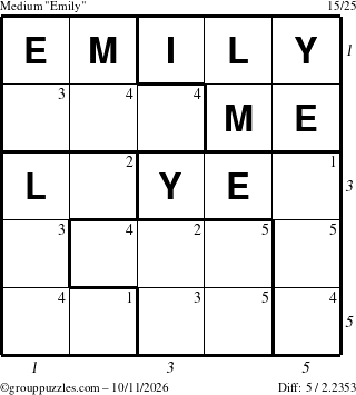 The grouppuzzles.com Medium Emily puzzle for Sunday October 11, 2026 with all 5 steps marked