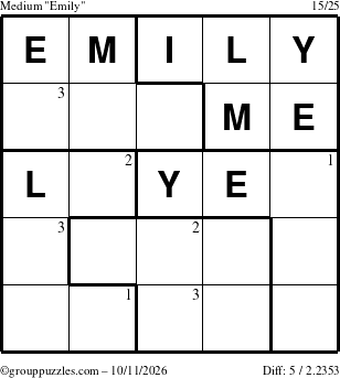 The grouppuzzles.com Medium Emily puzzle for Sunday October 11, 2026 with the first 3 steps marked