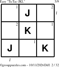 The grouppuzzles.com Easy TicTac-JKL puzzle for Sunday October 11, 2026, suitable for printing, with all 2 steps marked