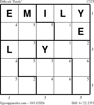 The grouppuzzles.com Difficult Emily puzzle for Sunday October 11, 2026 with all 6 steps marked