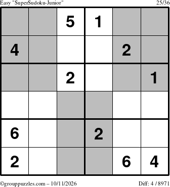 The grouppuzzles.com Easy SuperSudoku-Junior puzzle for Sunday October 11, 2026