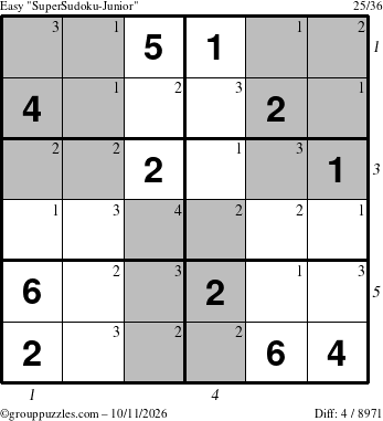 The grouppuzzles.com Easy SuperSudoku-Junior puzzle for Sunday October 11, 2026 with all 4 steps marked