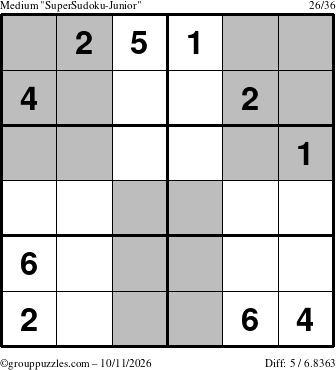 The grouppuzzles.com Medium SuperSudoku-Junior puzzle for Sunday October 11, 2026
