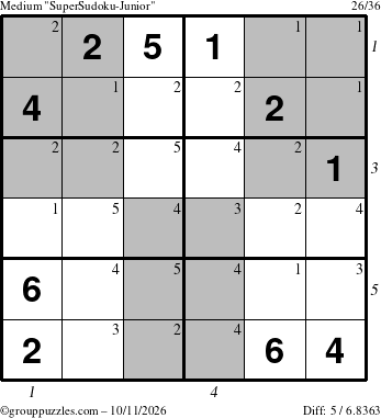 The grouppuzzles.com Medium SuperSudoku-Junior puzzle for Sunday October 11, 2026 with all 5 steps marked