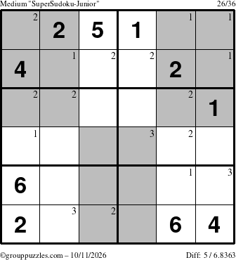 The grouppuzzles.com Medium SuperSudoku-Junior puzzle for Sunday October 11, 2026 with the first 3 steps marked