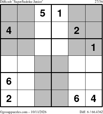 The grouppuzzles.com Difficult SuperSudoku-Junior puzzle for Sunday October 11, 2026
