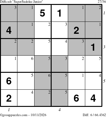 The grouppuzzles.com Difficult SuperSudoku-Junior puzzle for Sunday October 11, 2026, suitable for printing, with all 6 steps marked