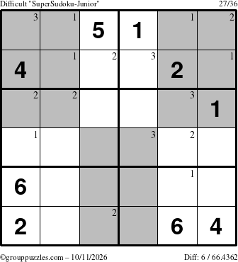 The grouppuzzles.com Difficult SuperSudoku-Junior puzzle for Sunday October 11, 2026 with the first 3 steps marked