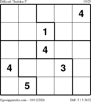 The grouppuzzles.com Difficult Sudoku-5 puzzle for Sunday October 11, 2026