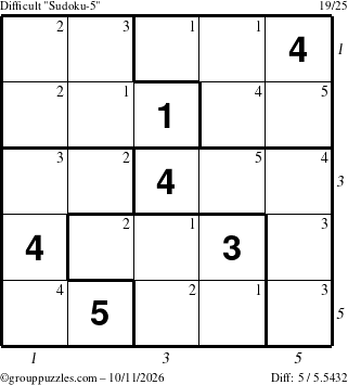 The grouppuzzles.com Difficult Sudoku-5 puzzle for Sunday October 11, 2026, suitable for printing, with all 5 steps marked