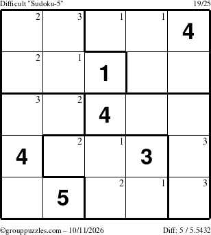 The grouppuzzles.com Difficult Sudoku-5 puzzle for Sunday October 11, 2026 with the first 3 steps marked