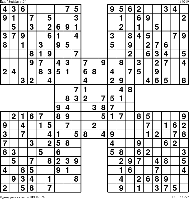 The grouppuzzles.com Easy Sudoku-by5 puzzle for Sunday October 11, 2026
