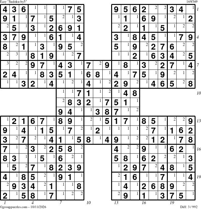 The grouppuzzles.com Easy Sudoku-by5 puzzle for Sunday October 11, 2026, suitable for printing, with all 3 steps marked