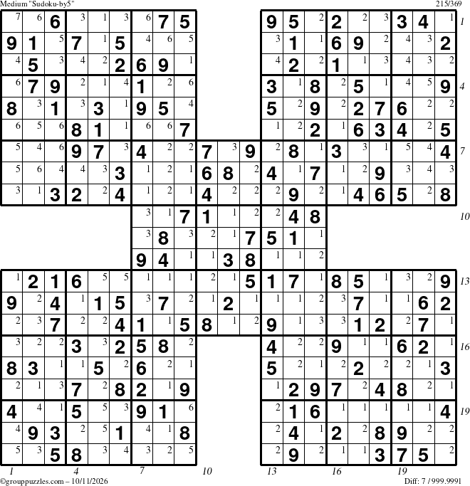 The grouppuzzles.com Medium Sudoku-by5 puzzle for Sunday October 11, 2026, suitable for printing, with all 7 steps marked