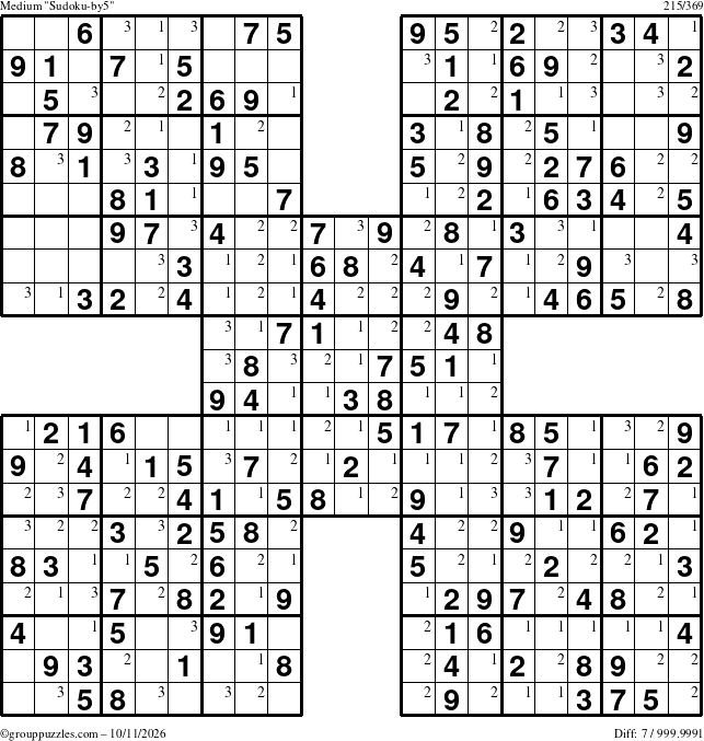 The grouppuzzles.com Medium Sudoku-by5 puzzle for Sunday October 11, 2026 with the first 3 steps marked