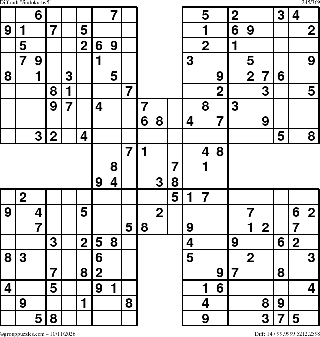 The grouppuzzles.com Difficult Sudoku-by5 puzzle for Sunday October 11, 2026