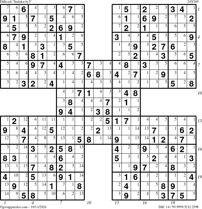 The grouppuzzles.com Difficult Sudoku-by5 puzzle for Sunday October 11, 2026, suitable for printing, with all 14 steps marked