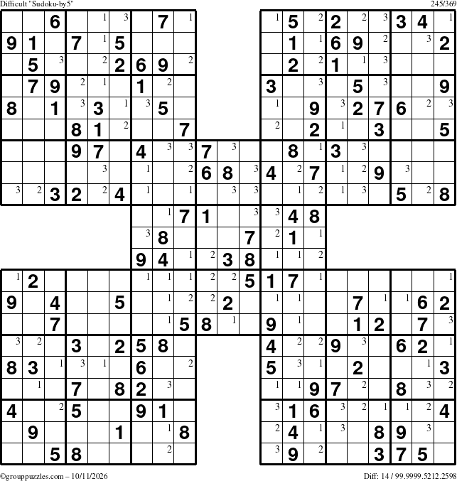 The grouppuzzles.com Difficult Sudoku-by5 puzzle for Sunday October 11, 2026 with the first 3 steps marked