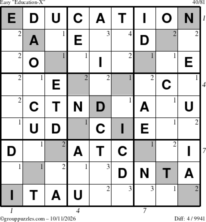The grouppuzzles.com Easy Education-X puzzle for Sunday October 11, 2026, suitable for printing, with all 4 steps marked