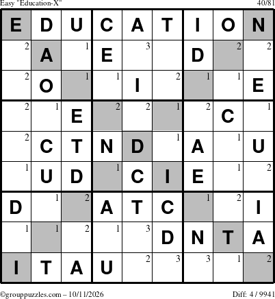 The grouppuzzles.com Easy Education-X puzzle for Sunday October 11, 2026 with the first 3 steps marked