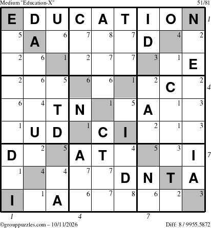 The grouppuzzles.com Medium Education-X puzzle for Sunday October 11, 2026, suitable for printing, with all 8 steps marked