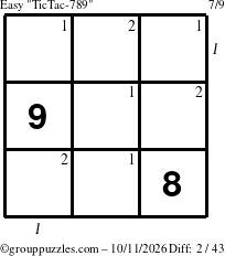The grouppuzzles.com Easy TicTac-789 puzzle for Sunday October 11, 2026, suitable for printing, with all 2 steps marked