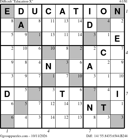 The grouppuzzles.com Difficult Education-X puzzle for Sunday October 11, 2026, suitable for printing, with all 14 steps marked