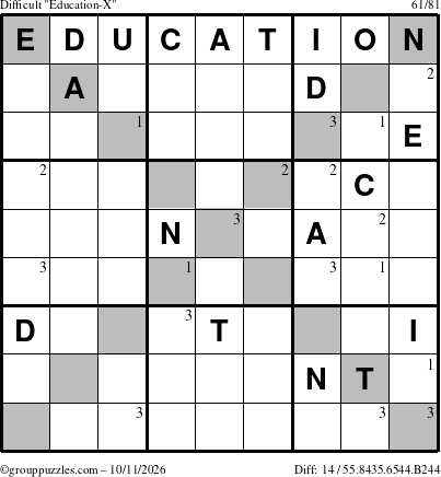 The grouppuzzles.com Difficult Education-X puzzle for Sunday October 11, 2026 with the first 3 steps marked