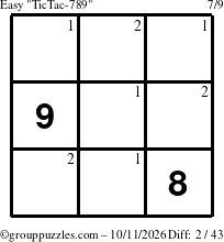 The grouppuzzles.com Easy TicTac-789 puzzle for Sunday October 11, 2026 with the first 2 steps marked