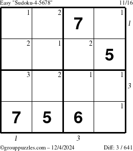 The grouppuzzles.com Easy Sudoku-4-5678 puzzle for Wednesday December 4, 2024, suitable for printing, with all 3 steps marked